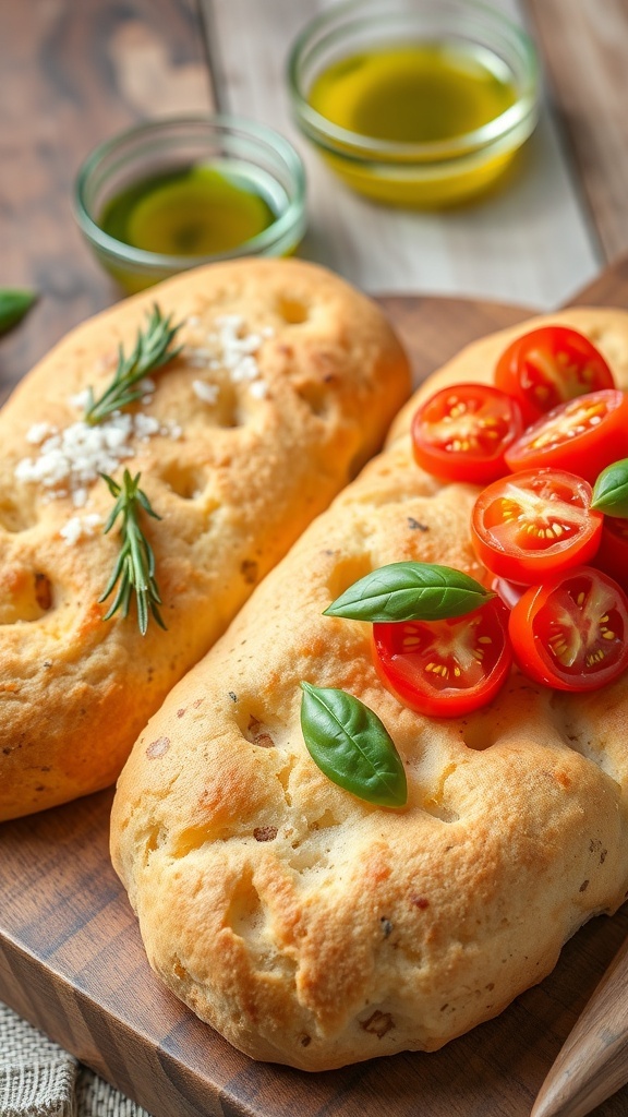 A freshly baked focaccia bread topped with rosemary, tomatoes, and other ingredients on a wooden table.
